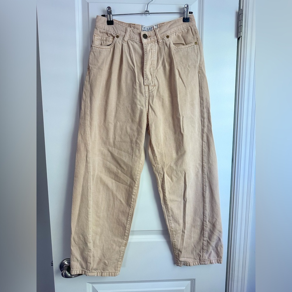 Sandrine Rose x Free People High Rise Wide Leg Cropped Pleated Jeans Beige